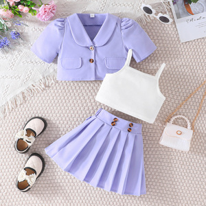 Conjunto de 3 Piezas de Moda para Niña Pequeña, Bonito y de Alta Calidad, Estilo Boutique, Informal, con Chaqueta de Manga Corta + Camiseta sin Mangas + Falda, Suave - Product Image 4