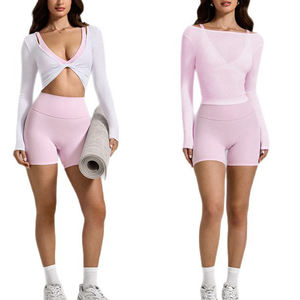 YIYI Modische Schnelltrocknende 2-in-1 Outdoor-Sport-T-Shirts für Mädchen mit Twist-Design, Atmungsaktive Yoga-Tops, Damen Langarm-Shirt für Fitness - Product Image 1