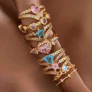 ODM позолоченное латунное кольцо для женщин красочный кубический циркон Корона сердце открывающиеся регулируемое кольцо