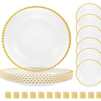 Assiette de présentation dorée transparente de 13 pouces avec perles, en plastique doré, pour mariage, dîner, décoration de fête et assiettes de présentation