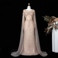 Robe de soirée formelle de luxe Lsz051 pour femme, à manches longues, style sirène, avec cape, ornée de perles, pour galas saoudiens, Jancember