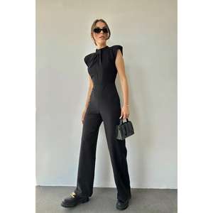 Combinaison noire à col montant en tissu tissé, coupe droite, taille naturelle, confortable, pour le travail - Product Image 3