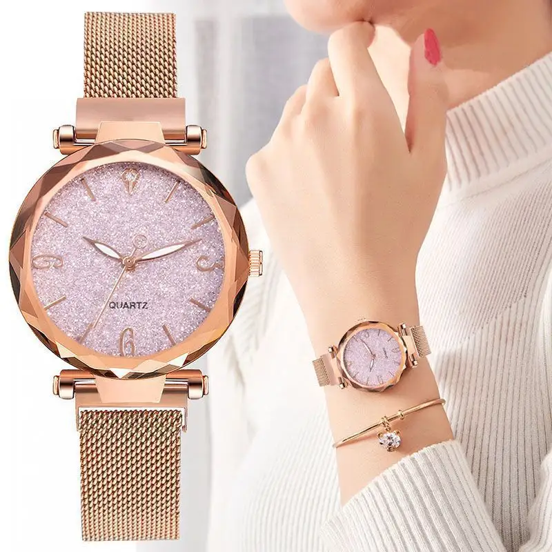 Jam Tangan Wanita Rose Gold Mewah Merek Top Jam Tangan Wanita Langit Berbintang Magnet Jam Tangan Jala Wanita untuk Dropship Relogio Feminino