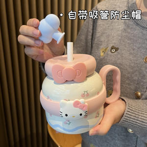 Tumbler Terisolasi dengan Lapisan Keramik Desain Bulat Kapasitas Besar Cangkir Meja Portabel Model Pegangan dengan Sedotan Ideal untuk Wanita - Product Image 3