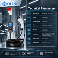 Chargeur EV portable OLINK 11 kW 22 kW 16 A 32 A 3 phases GBT Type 2 avec écran LED de 2,8 pouces pour la recharge à domicile