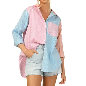 Groothandel Nieuwe Dames Gestreepte Kleding Turn Down Kraag Lange Shirts Vallen Losse Tops Oversized Shirt Vrouwen