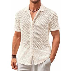 2025 camisa de punto con botones florales para hombre 100% algodón manga corta Crochet Tops Casual diseño hueco para vacaciones de playa de verano" - Product Image 2