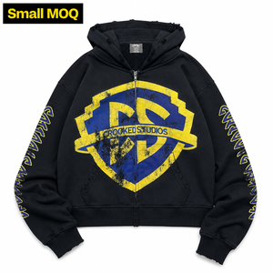 Sudadera con capucha y cremallera personalizada, estilo vintage desgastado, unisex, estilo urbano, rasgada, hip hop, corte holgado, de algodón 100% de alto gramaje, con estampado lavado - Product Image 1