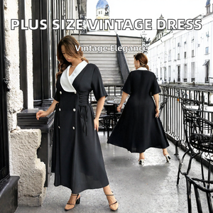 XL-4XL Summer French <b>Vintage</b> <b>Style</b> Elegant Plus Size Women's Solid <b>Tea</b>-Length A-Line <b>Dress</b> Black White V-neck Tie Waist Slimming - Product Image 2