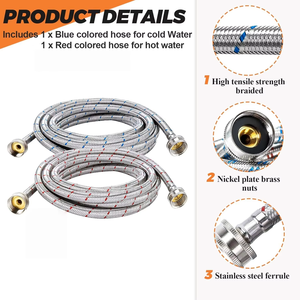 Suministro de Fábrica: Mangueras para Lavadora de Acero Inoxidable 304, Paquete de 2, 4.5 Metros de Largo, Líneas de Suministro de Agua Fría y Caliente - Product Image 2