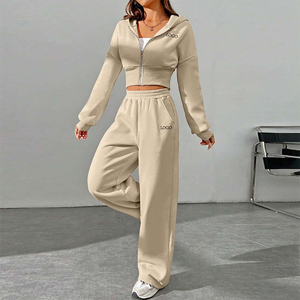F240047 personnalisé 2025 vêtements femmes deux pièces sweat à capuche avec fermeture éclair pantalon évasé ensemble personnaliser survêtement avec logo femmes survêtement - Product Image 5