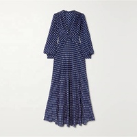 Robe longue élégante et décontractée à pois pour femme, col en V, manches longues lanternes, bleu marine, printemps-automne, personnalisable par le fabricant de vêtements