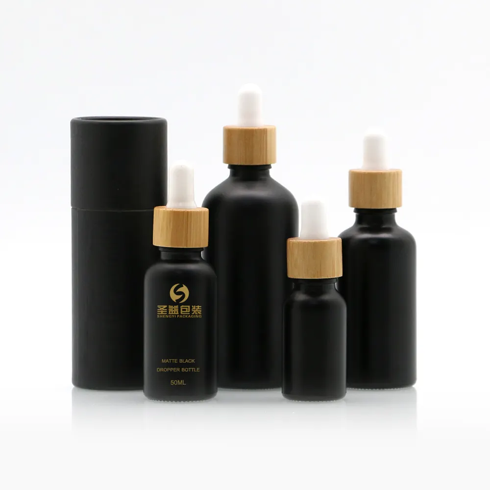 Matte white frosted glass bamboo bottles 15ml 20ml 30ml 50ml 100ml matte black glass essential oil bottles with wood dropper