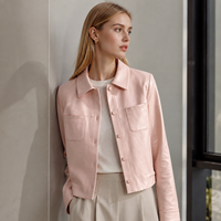 Manteau en cuir d'agneau rose uni pour femme, col chemise, manches longues, boutonné