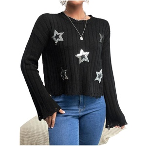 Nuovo Design maglioni di alta moda con rifiniture in rilievo con scollo rotondo a spalla nero maglione con stelle di <span class=keywords><strong>paillettes</strong></span> per donna - Product Image 1