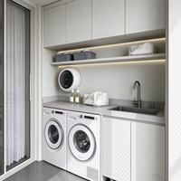 Meuble de buanderie multifonctionnel intégré avec évier, étagère murale de rangement pour lave-linge et sèche-linge doubles, rangement domestique