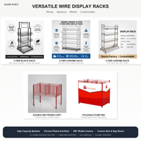 Étagère de présentation à 3 niveaux en fil métallique avec porte-panneau, support métallique pour supermarché, magasin de détail, présentoir de snacks mobile avec roulettes