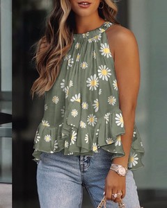 Blus cetakan kasual leher Halter wanita, atasan berkerut tanpa lengan longgar musim panas untuk perempuan - Product Image 4