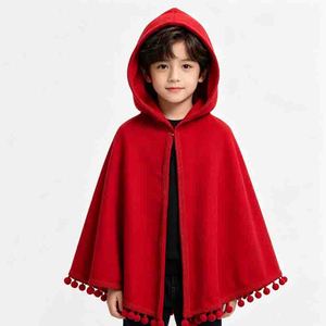 Capa <span class=keywords><strong>Roja</strong></span> con Capucha para Niños con Adorno de Pompones, Capa de <span class=keywords><strong>Caperucita</strong></span> <span class=keywords><strong>Roja</strong></span>, Disfraz de Halloween y Navidad para Niños y Niñas - Product Image 1