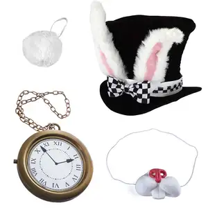 Ensemble de costumes de lapin Chapeau de chapelier fou Chapeau en peluche avec oreilles de lapin pour Halloween Ensemble d'accessoires de Pâques
