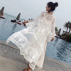 Novo estilo coreano elegante Seaside Holiday <span class=keywords><strong>Beach</strong></span> Dress bordado laço longo <span class=keywords><strong>Cardigan</strong></span> Cover-up - Product Image 1