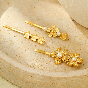 Pinza de pelo de flor de perla de concha de acero inoxidable chino para mujer, horquillas de pelo chapadas en oro impermeables de lujo, accesorios para el cabello - Product Image 2