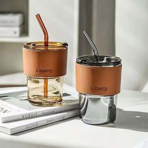 400ml <b>Bamboo</b>-Styled Eco-Friendly <b>Coffee</b> Milk Gift <b>Cup</b> Leather Sleeve Heat Insulation Glass Straw Custom Logo-For Restaurants - Product Image 2
