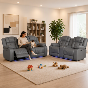 Sofá Seccional Reclinable Gris de 2 Plazas con Luz LED, Tapizado en Cuero Sintético, 3 Posiciones Reclinables, Moderno, para Sala de Estar - Product Image 1