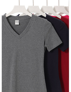 T-shirts pour femmes en coton 92% et élasthanne 8%, col en V uni, manches courtes, coupe ajustée, t-shirts courts pour filles - Product Image 6