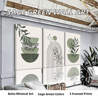 Ensemble d'art mural bohème minimaliste vert sauge et beige, 3 impressions sur toile encadrées brillantes avec des motifs géométriques de lignes, de feuilles, de soleil et de lune