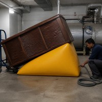 Sac de levage gonflable pour le déplacement de spas et piscines, servant également de cric de levage pneumatique pour service sur le pont de la piscine de l'hôtel.