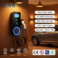 Station de recharge intelligente pour véhicules électriques 7KW 11KW 22KW avec écran 4,3 pouces, Type 1 Type 2, RFID, WiFi, 4G, application, 32A, IP54, chargeur mural pour voiture électrique