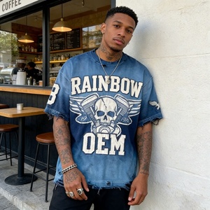 T-shirt en <span class=keywords><strong>coton</strong></span> pour homme, effet délavé, déchiré, bords bruts, appliqué brodé, motif tête de mort, ailes et moteur, style vintage - Product Image 1