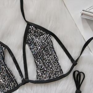 Maillot de bain bikini à sequins deux couleurs <span class=keywords><strong>sans</strong></span> rembourrage avec détails à nouer et effet scintillant pour femme - Product Image 4