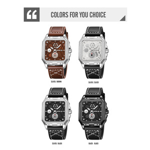 Reloj mecánico para hombre con esfera cuadrada tipo esqueleto, resistente al agua, de cuarzo, con correa de cuero. - Product Image 3