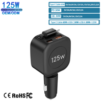 Chargeur de voiture rapide 125W PD PPS SCP avec tête rotative à 360 degrés, câble Type-C rétractable intégré, résistant au feu, pour montres intelligentes et téléphones