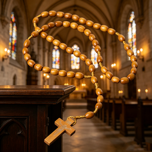 Cuentas de diseño económicas, perlas naturales blancas, madera de ébano para boda, con caja de madera y medalla para rosario católico - Product Image 1