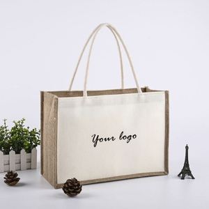 Custom logo Button Waterproof Lamination Grocery Shopping Linen <b>Burlap</b> Jute Tote <b>Bag</b> - Product Image 1