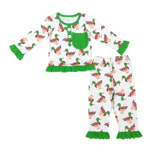 Glp1016 Duck Print Lange Mouw Broek Zak Groen Meisje Kant Hoge Kwaliteit Groothandel Meisjes Kleding Sets Leeftijd 1 T/m 5