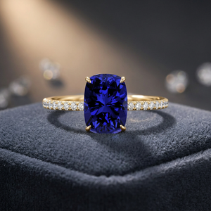 Bague de fiançailles et de mariage en saphir taille coussin avec bande pavée de diamants brillants en or 10K 14K 18K et argent 925 935 - Product Image 1