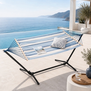<span class=keywords><strong>Support</strong></span> de <span class=keywords><strong>hamac</strong></span> d'extérieur moderne 3m pour deux personnes, mobilier de jardin, structure en acier robuste, tissu rayé bleu, chambre à coucher, salon - Product Image 1