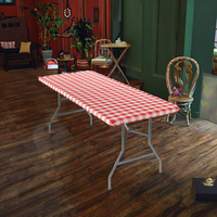 Housse de table et de banc en vinyle non tissé rayé, personnalisable, avec impression sur mesure, élastique, imperméable et dos en flanelle, pour vente en gros