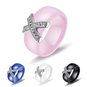 Multi-Color <b>Ceramic</b> <b>Ring</b> with Cubic Zirconia Pave X Design | Polished Finish | Hypoallergenic Statement <b>Ring</b> for Women & Men - Product Image 2
