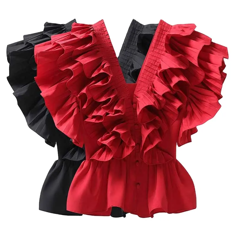V-neck Shirt French Style Women's Elegant Blouse 2022 New Summer Ruffles Cinched Sleeveless Top For Ladies