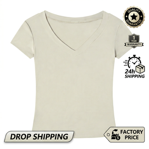 T-shirt essenziale da donna slim fit con scollo a V, T-shirt basic da donna con scollo a V, T-shirt in cotone aderente con scollo a V, Top casual a maniche corte con scollo a V - Product Image 1