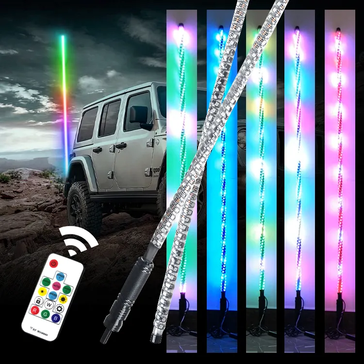 แส้ไฟ LED 1.2ม.,โคมไฟวิปพร้อมเกลียว RGB 360องศาสำหรับรถบรรทุก ATV UTV