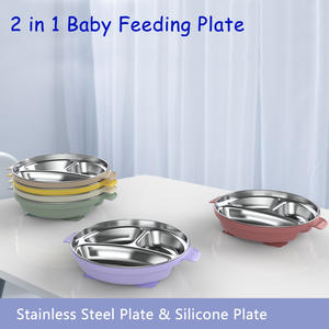 Assiette en silicone et acier inoxydable, ronde compartimentée en acier inoxydable 304, vaisselle pour enfants, vaisselle à ventouse pour bébé - Product Image 4