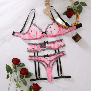 Set coordinato <span class=keywords><strong>reggiseno</strong></span> con ferretto e giarrettiera, lingerie sexy in pizzo trasparente e rete, intimo da donna traspirante con ricamo a cuore in vita - Product Image 5