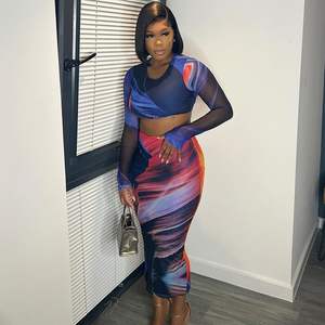 Conjunto de 2 Piezas Personalizado para Mujer 2026, Falda Maxi de Malla de Manga Larga, Estampado por Sublimación, Spandex, Poliéster, Transpirable, Trajes de Vacaciones - Product Image 6