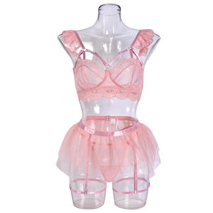Conjunto de lencería de encaje de malla Conjuntos de lencería de 3 piezas exóticas para mujer Sujetador Panty Garter - Product Image 4